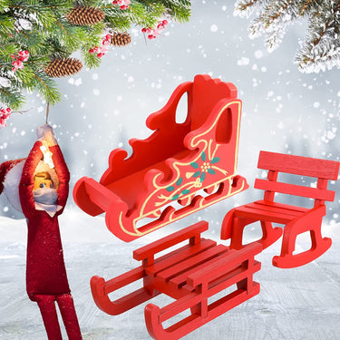 3 Pieces Christmas Elf Accessories Wooden Dollhouse Accessories Tiny Doll House Mini Rocking Chair Elf Seat and Sled for Holiday Fairy Furniture Decoration and Kids' Xmas Gifts
